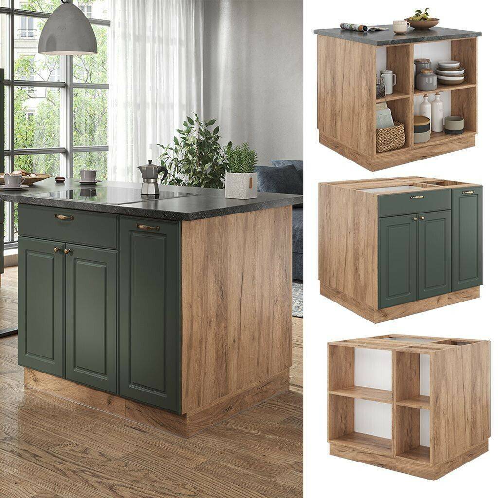 Livinity Kitchen island Fame-Line, 90 cm with drawer, without worktop, green-gold country house/Goldkraft oak Mobili da cucina