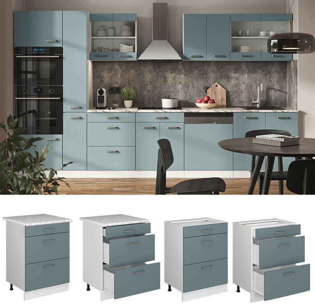 Livinity Kitchen base cabinet R-Line, 60 cm with drawers, without worktop, blue-gray/white Mobili da cucina