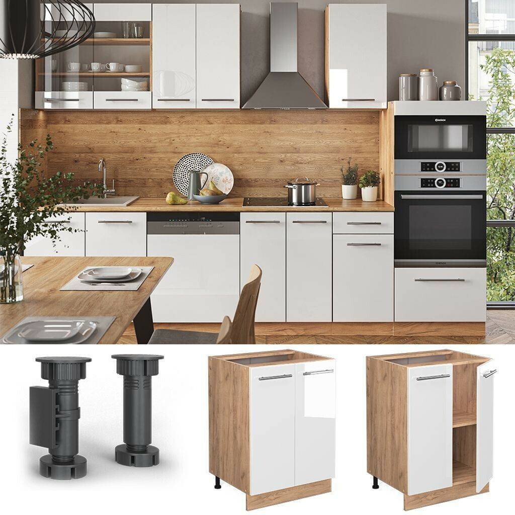 Livinity Fame-Line kitchen base cabinet, 60 cm without worktop, white high gloss/Goldkraft oak Mobili da cucina