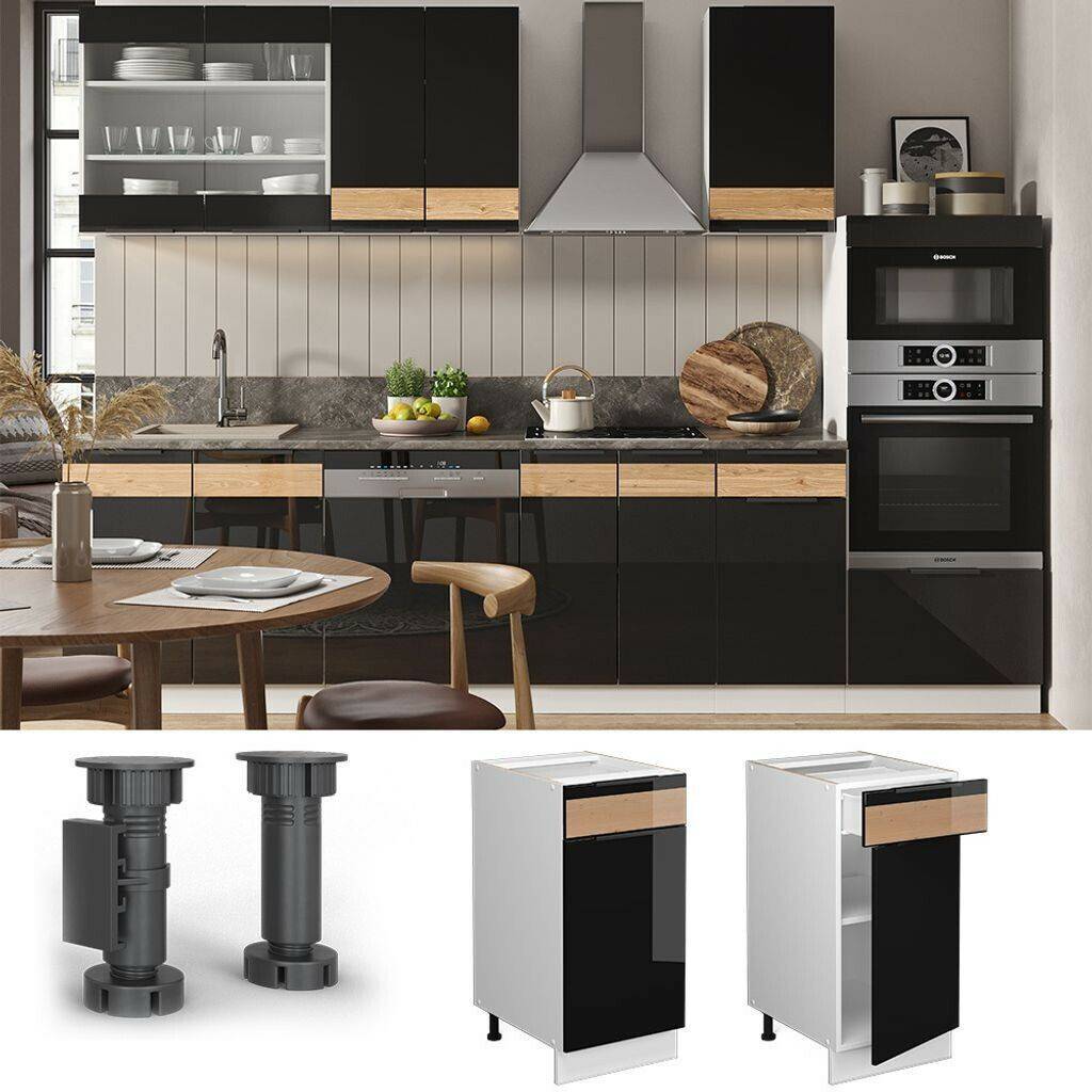 Livinity Fame-Line kitchen base cabinet, 40 cm without worktop, high-gloss black oak/white Mobili da cucina