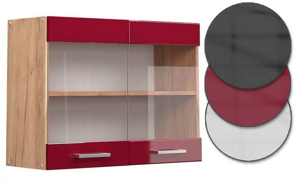 VICCO Glass wall cabinet R-Line 80 cm oak/bordeaux red high gloss modern Mobili da cucina