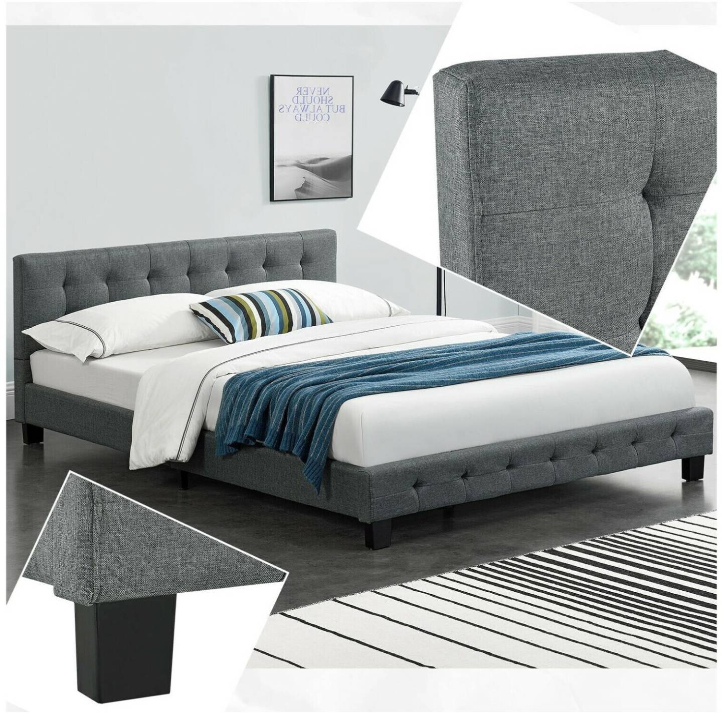 Letti Juskys Upholstered Bed Manresa 140x200cm Dark Grey