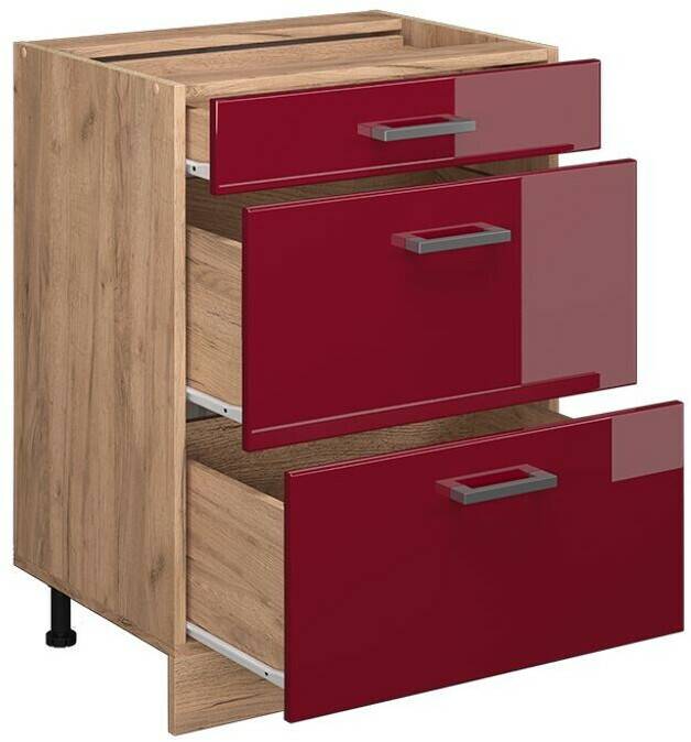 VICCO Drawer base cabinet R-Line 60 cm oak/Bordeaux red high gloss modern 3 drawers Mobili da cucina