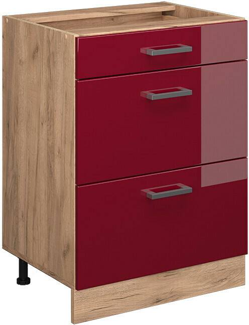 VICCO Drawer base cabinet R-Line 60 cm oak/Bordeaux red high gloss modern 3 drawers Mobili da cucina