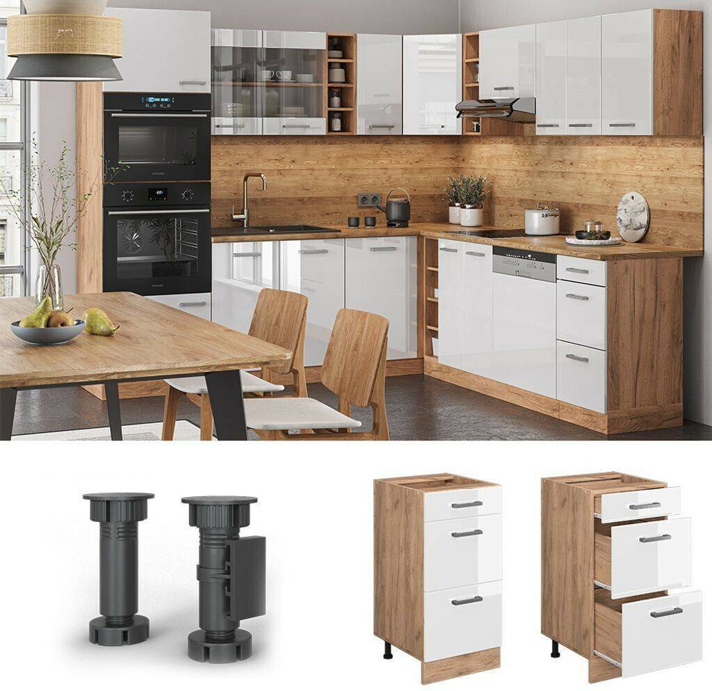 Livinity Kitchen base cabinet R-Line, 40 cm with drawers, without worktop, white high gloss/Goldkraft oak Mobili da cucina