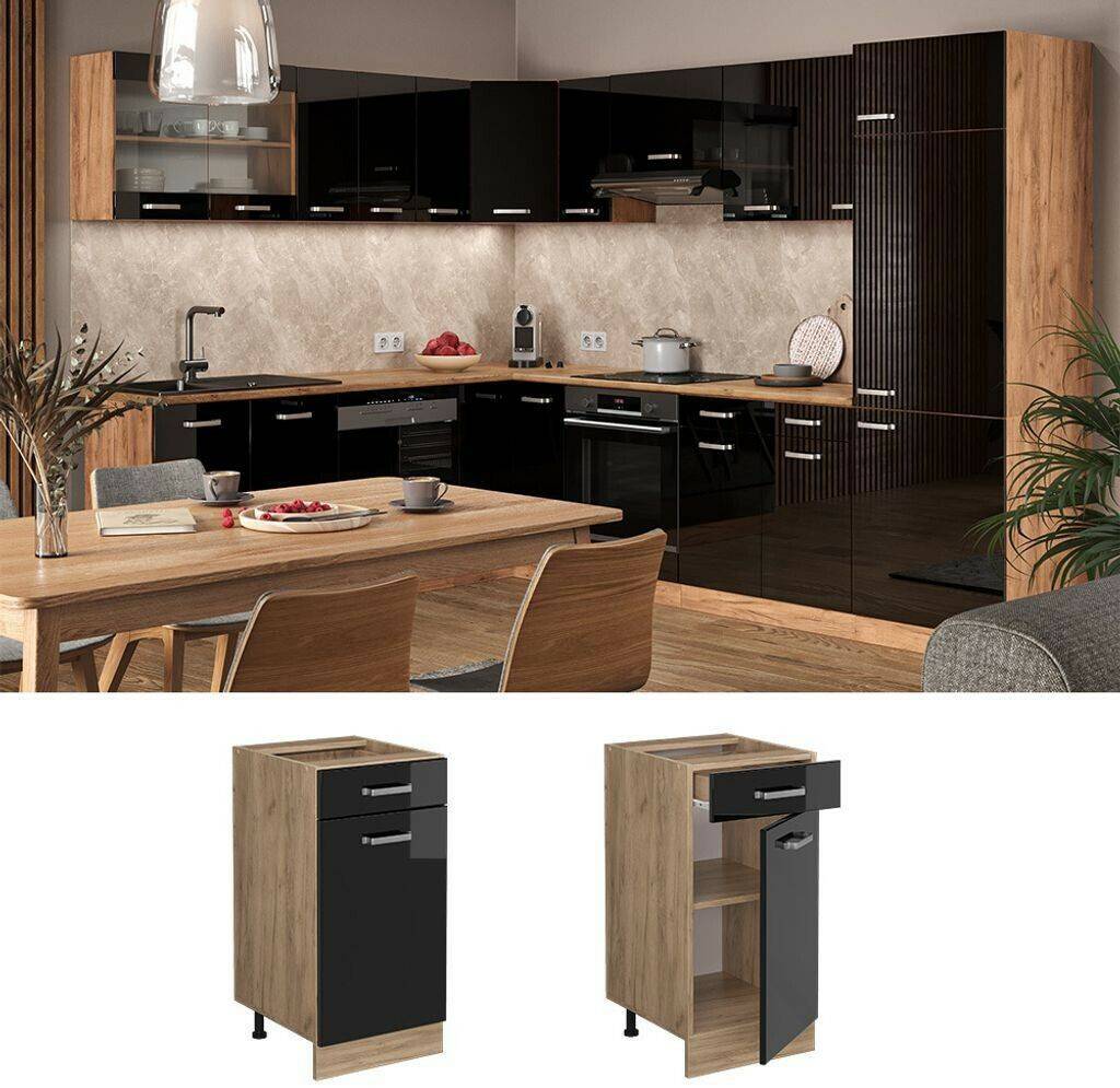 Livinity Kitchen base cabinet R-Line, 40 cm without worktop, black high gloss/Goldkraft oak Mobili da cucina